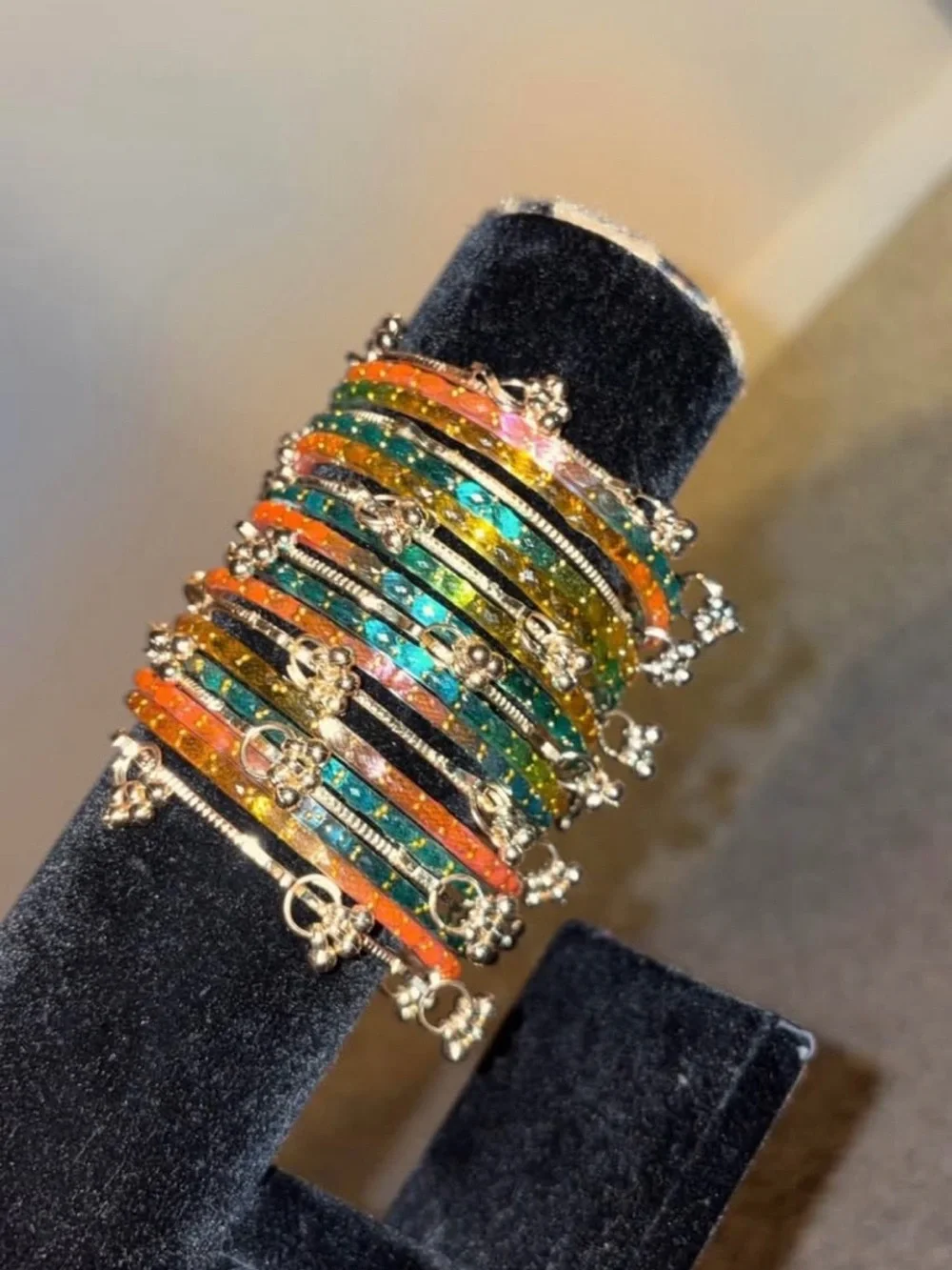 Colorful Sparkle Gold-Tone Stackable Bangles - Multi-Color - Picture 3 of 5